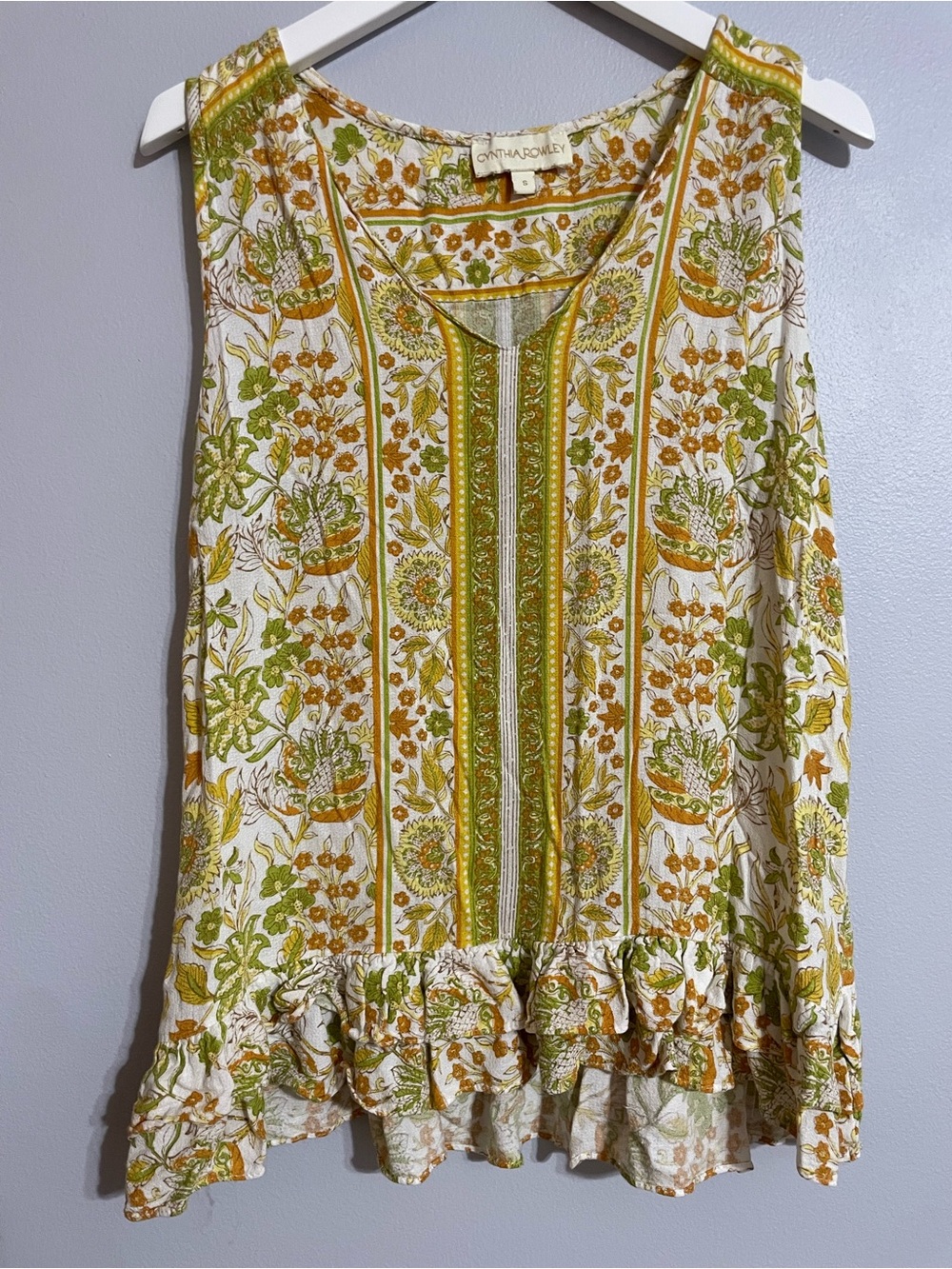 Cynthia Rowley White, Green & Yellow Floral Ruffle-Hem Sleeveless Camisole